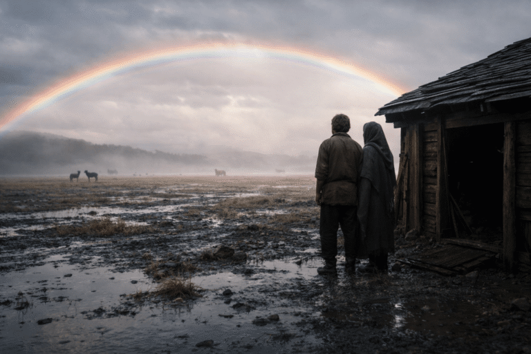 После дождя над мокрой равниной тянется радуга; на переднем плане мужчина и женщина стоят рядом с деревянным строением, вокруг — спокойные животные на расстоянии, воздух прозрачный и холодный.