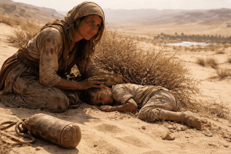 Измождённая женщина сидит в песчаной пустыне рядом ребёнок лежит под кустом вдали мерцает маленький источник воды в жарком воздухе