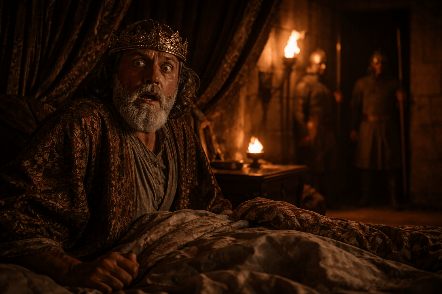 Мужчина средних лет просыпается в темной царской комнате в холодном поту рядом тревожная охрана у двери