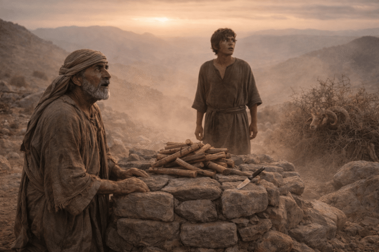 Пожилой мужчина стоит на каменном жертвеннике с ножом в дрожащей руке рядом связанный подросток а позади в кустах виден запутавшийся баран на горном склоне