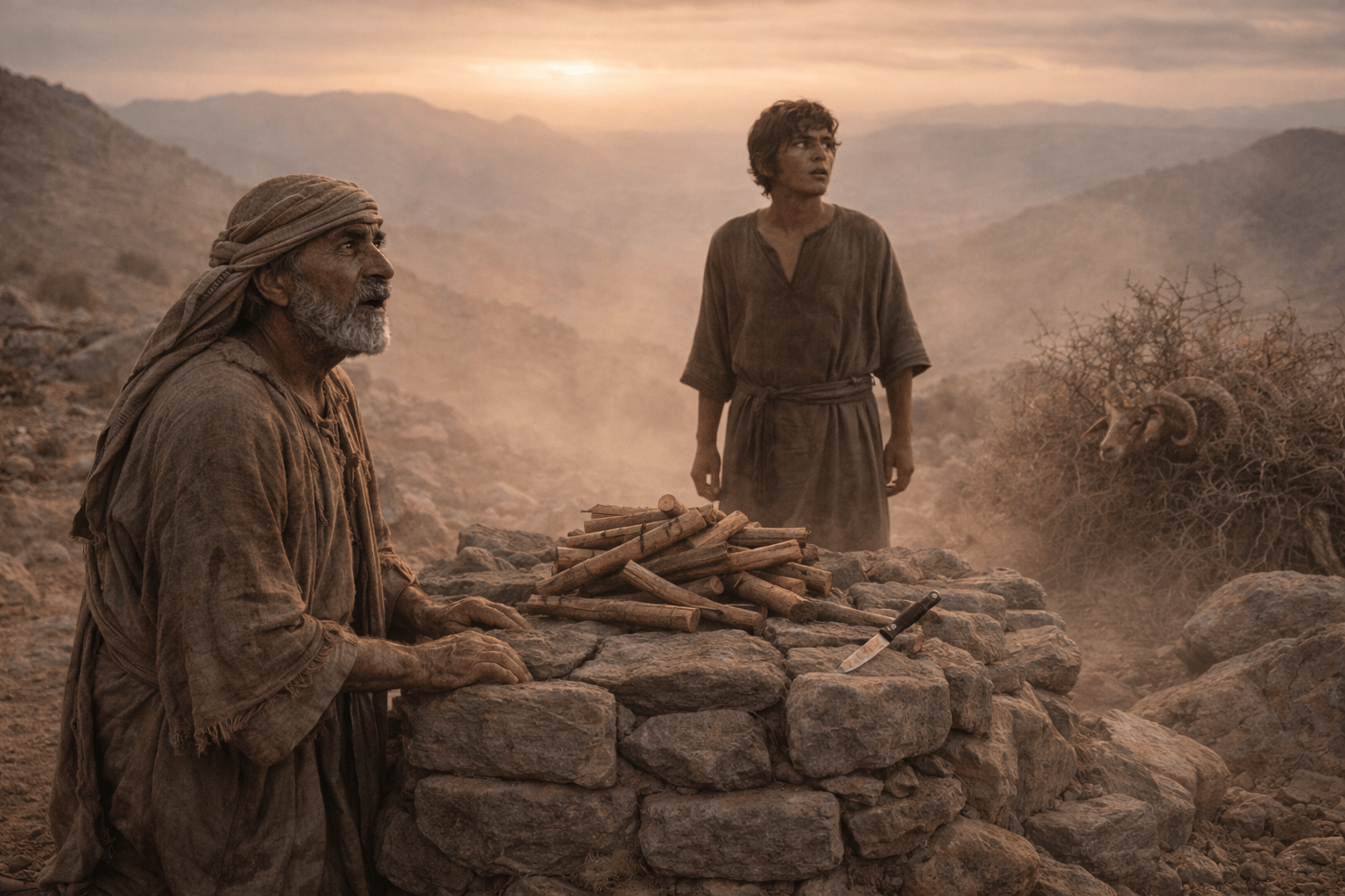 Пожилой мужчина стоит на каменном жертвеннике с ножом в дрожащей руке рядом связанный подросток а позади в кустах виден запутавшийся баран на горном склоне