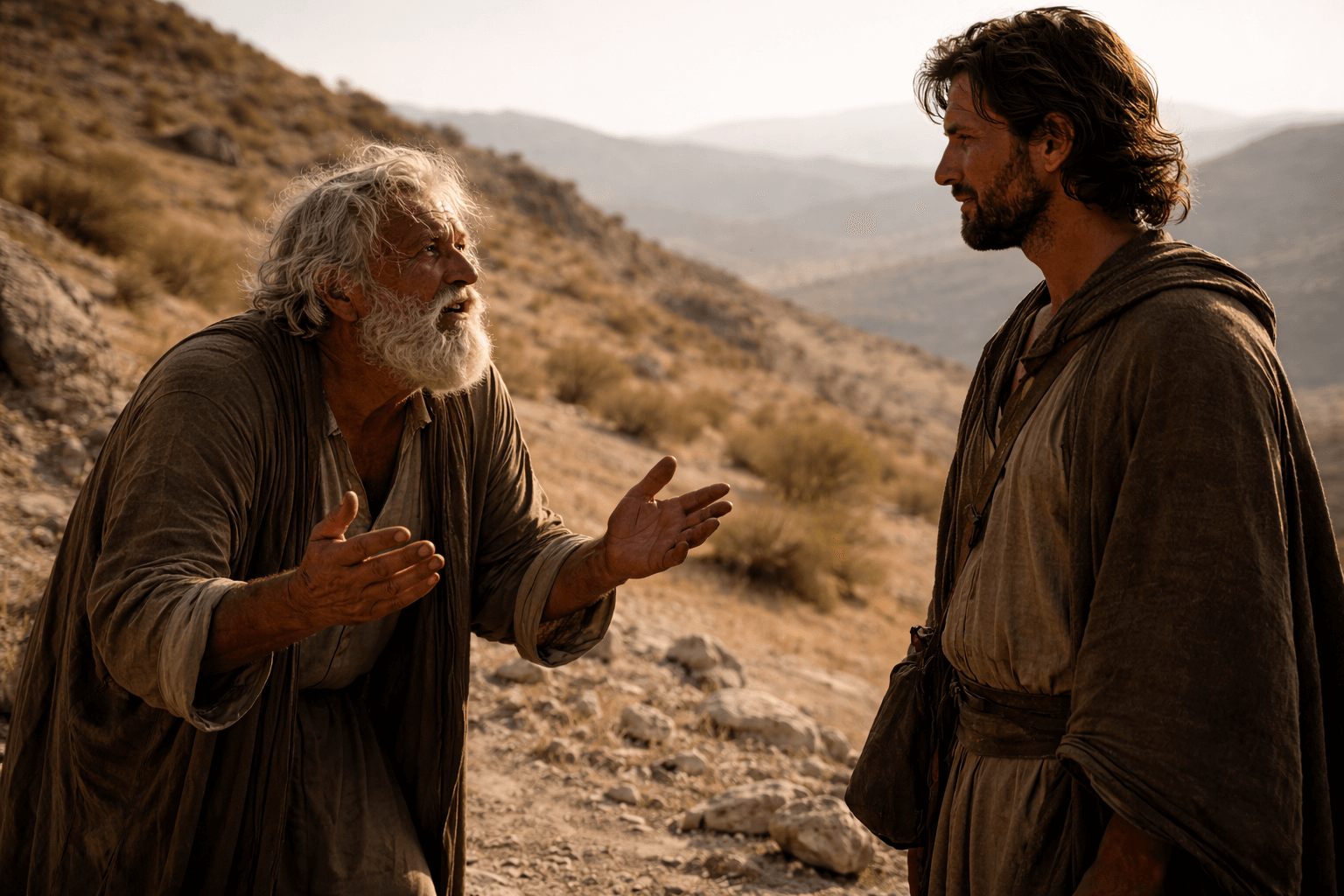 Пожилой кочевник в простой одежде напряжённо разговаривает с спокойным незнакомцем на фоне долины и дальних холмов
