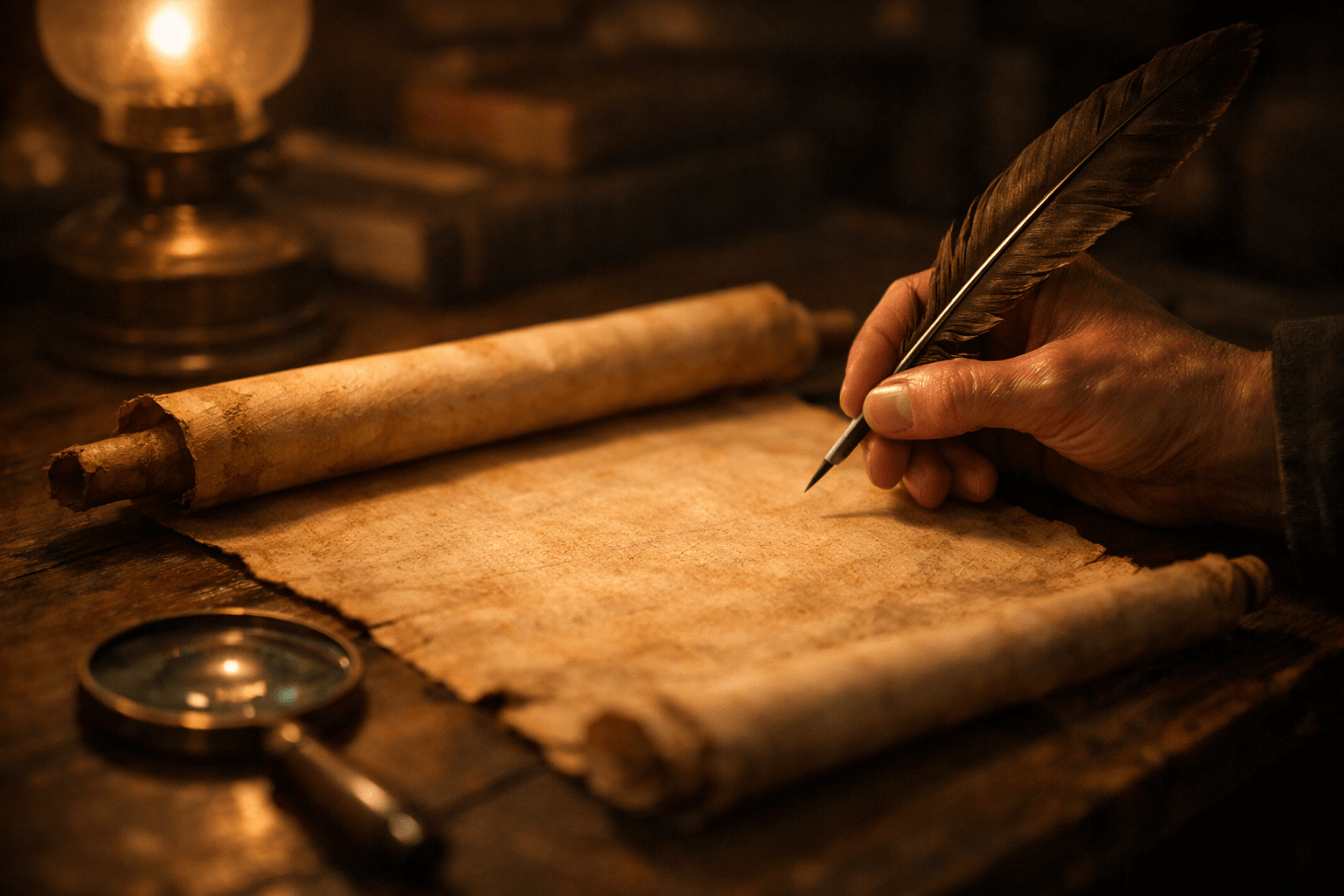 Перо и лупа рядом с древним свитком на деревянном столе при тёплом свете лампы, атмосфера исследования, без читаемого текста.