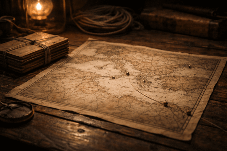 Старый стол с разложенной картой древнего мира без подписей, рядом связка деревянных табличек и нить для пометок, мягкий свет, атмосфера архивного расследования.