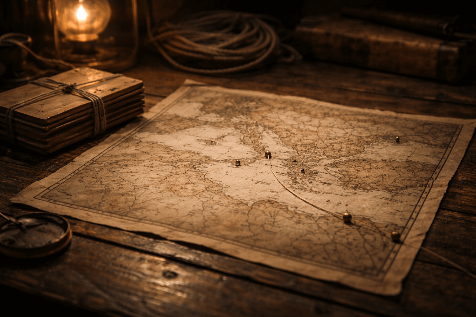 Старый стол с разложенной картой древнего мира без подписей, рядом связка деревянных табличек и нить для пометок, мягкий свет, атмосфера архивного расследования.