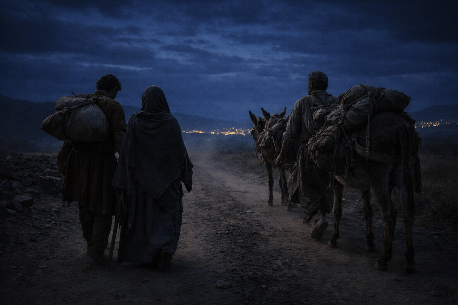 Вечерняя сцена кочевого пути: небольшая семья с поклажей и ослами идёт по пыльной дороге, вдали огни города, небо тёмно-синее, настроение неопределённости и выбора.