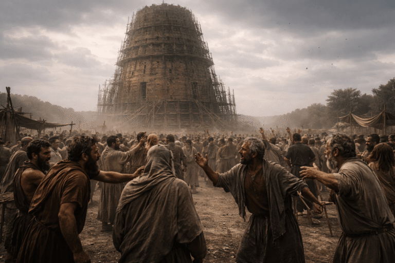 Недостроенная высокая башня из кирпича на равнине, вокруг группы людей спорят и не понимают друг друга, жесты, напряжение, пыль и серое небо.