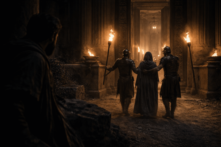 Ночной дворец с факелами: женщина в простом плаще стоит у входа, стражники ведут её внутрь, на заднем плане мужчина наблюдает из тени, напряжение и чувство угрозы.