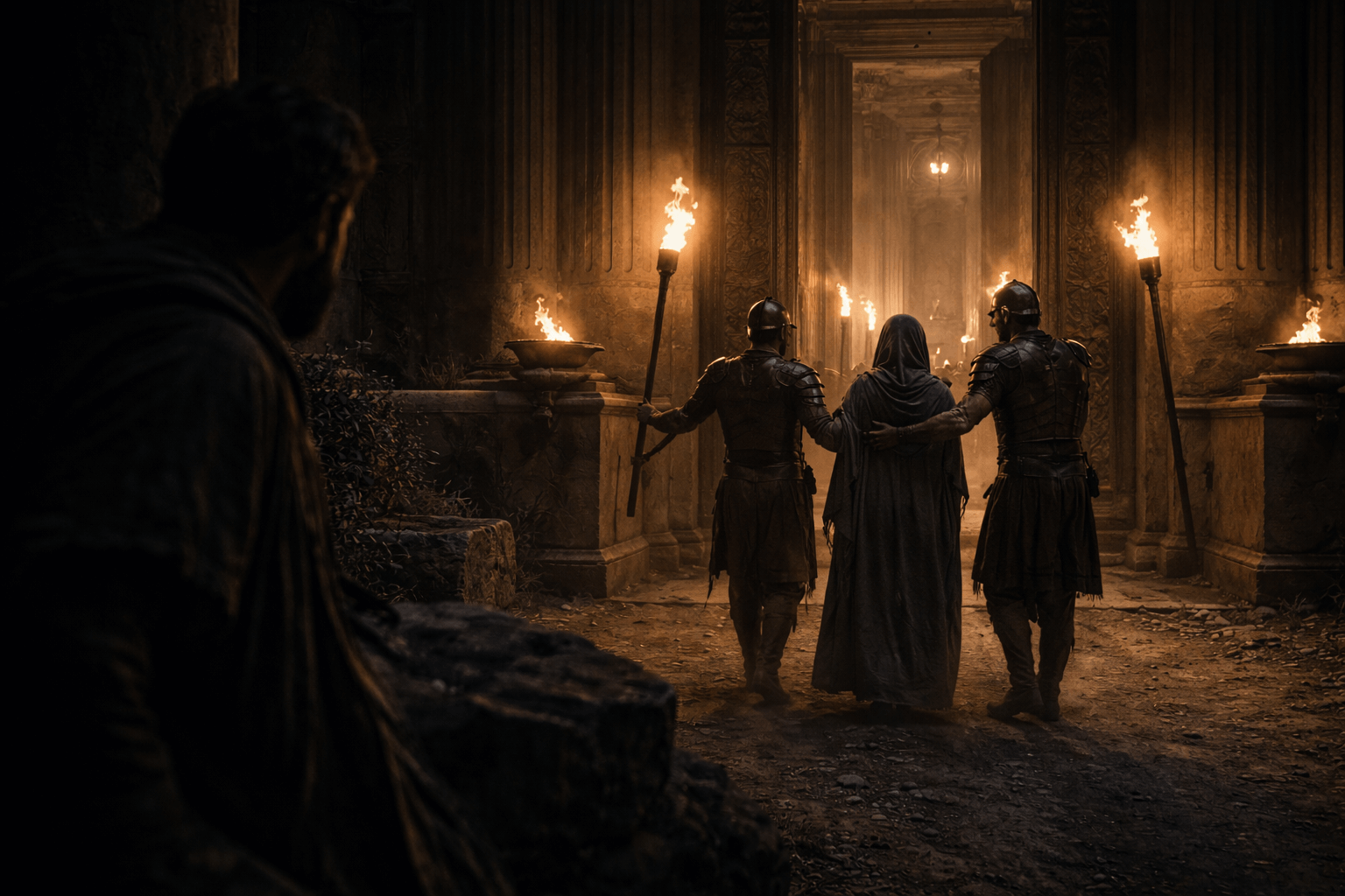 Ночной дворец с факелами: женщина в простом плаще стоит у входа, стражники ведут её внутрь, на заднем плане мужчина наблюдает из тени, напряжение и чувство угрозы.