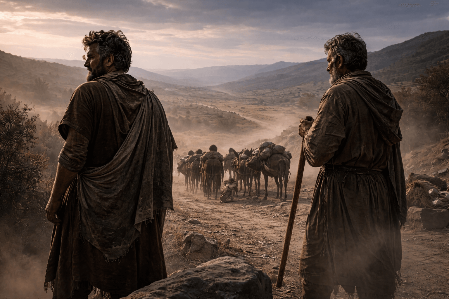 Два мужчины стоят на возвышенности и смотрят в разные стороны на долину и холмы, рядом караван с животными, пыльный ветер, в воздухе напряжение и решимость разойтись.
