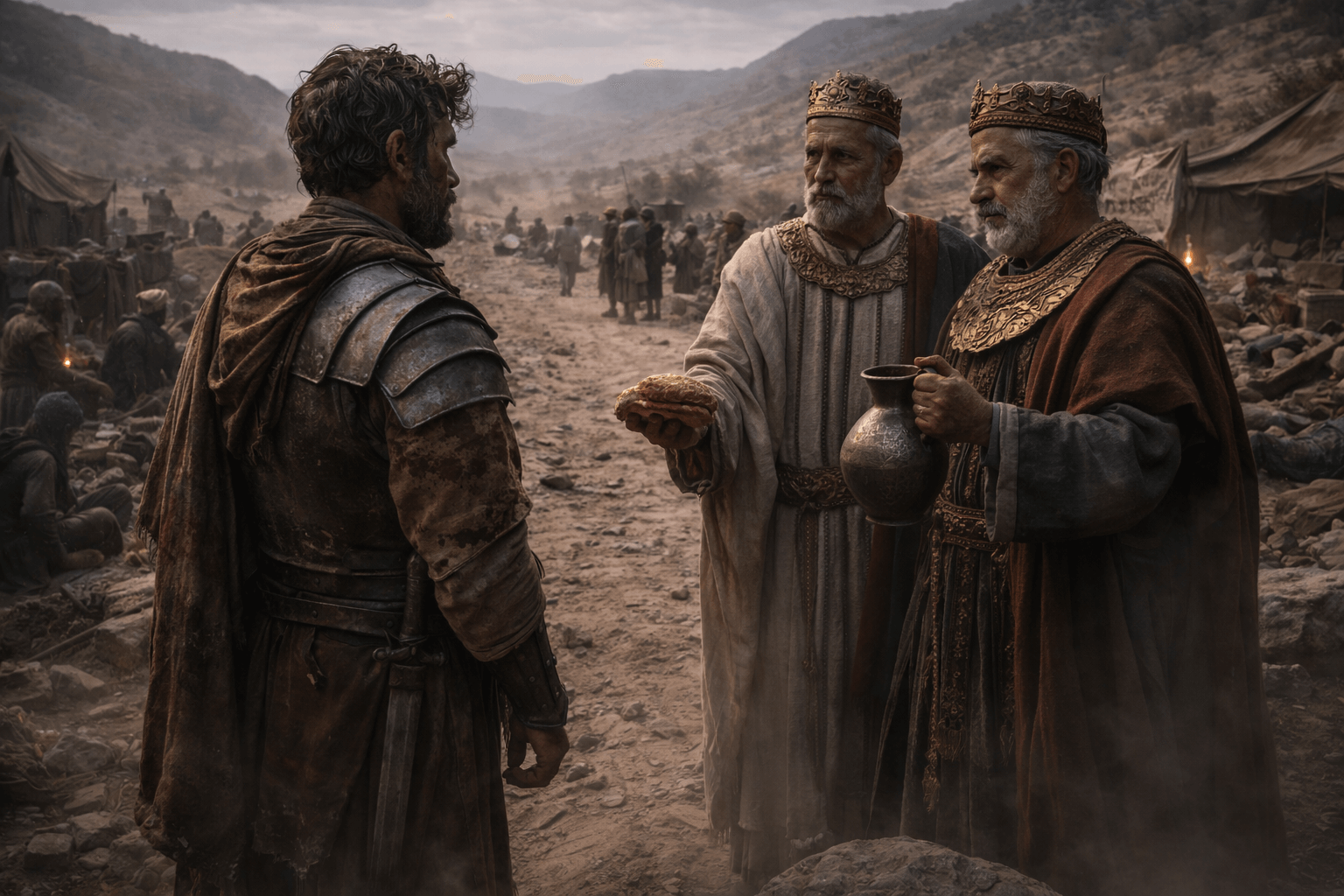 После битвы: у дороги стоят два правителя и военный лидер, один протягивает хлеб и сосуд с вином, рядом люди с добычей и уставшие воины, атмосфера политического торга.