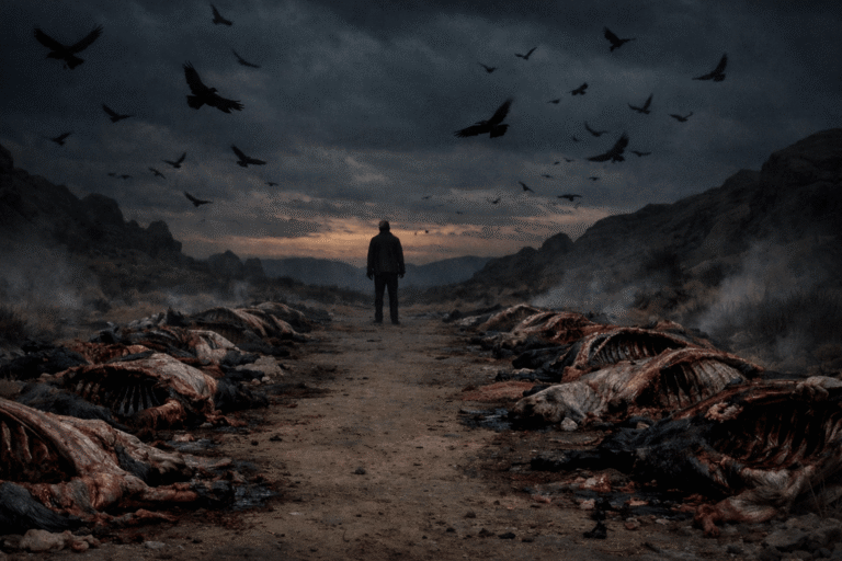 Сумерки в пустыне: рассечённые туши животных по обе стороны тропы, над ними кружат птицы, один человек стоит вдалеке в оцепенении, густая тьма и тревога.