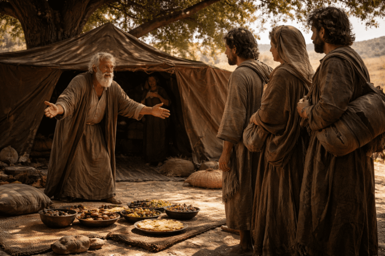 Дневная сцена у кочевого шатра: пожилой мужчина приветствует трёх путников у дерева, рядом женщина выглядывает из тени входа, на земле накрытая еда, атмосфера гостеприимства и скрытого напряжения.