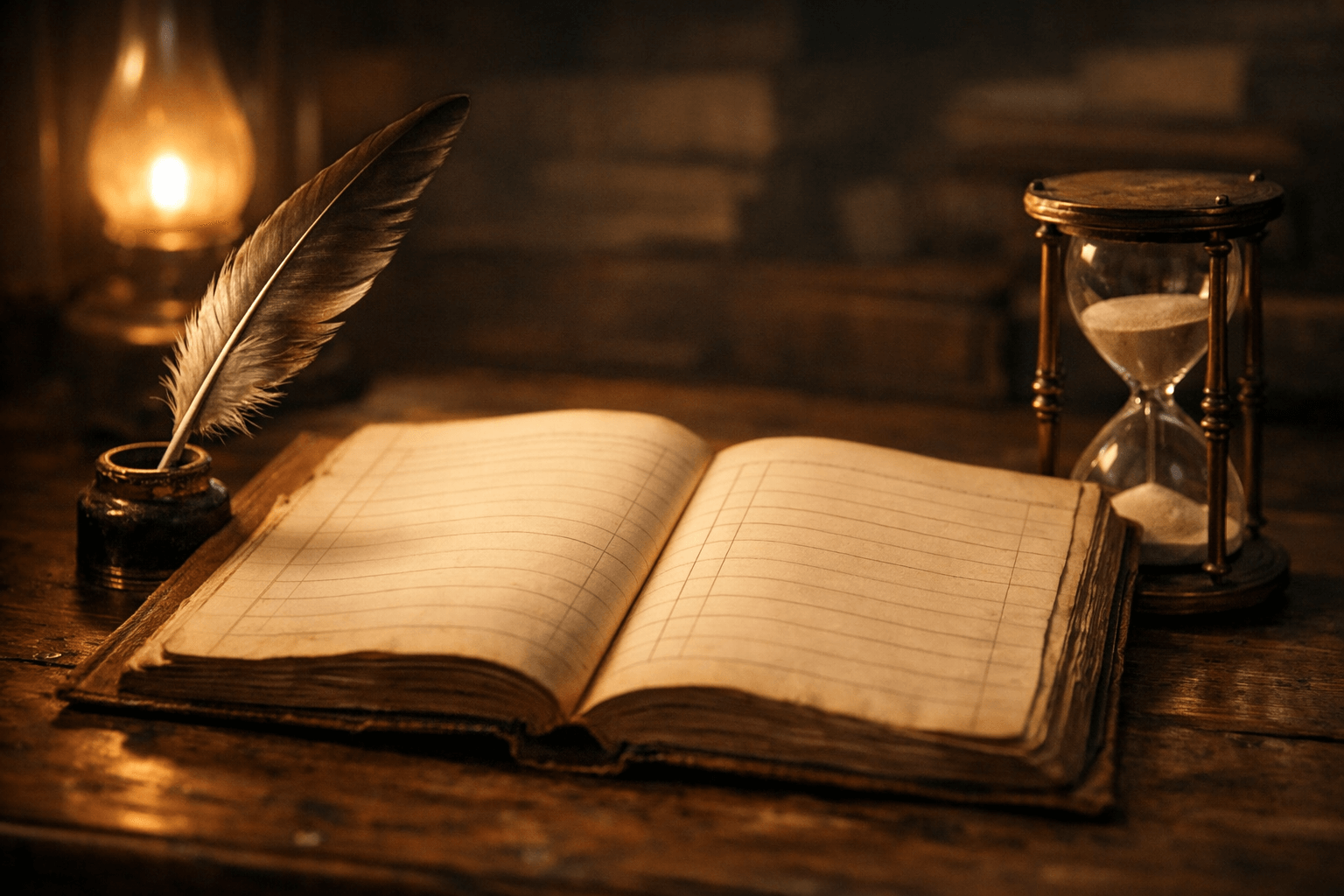 кадр старого регистрационного журнала с пустыми строками и пером на столе, рядом песочные часы, тёплый свет лампы, без текста и символов.