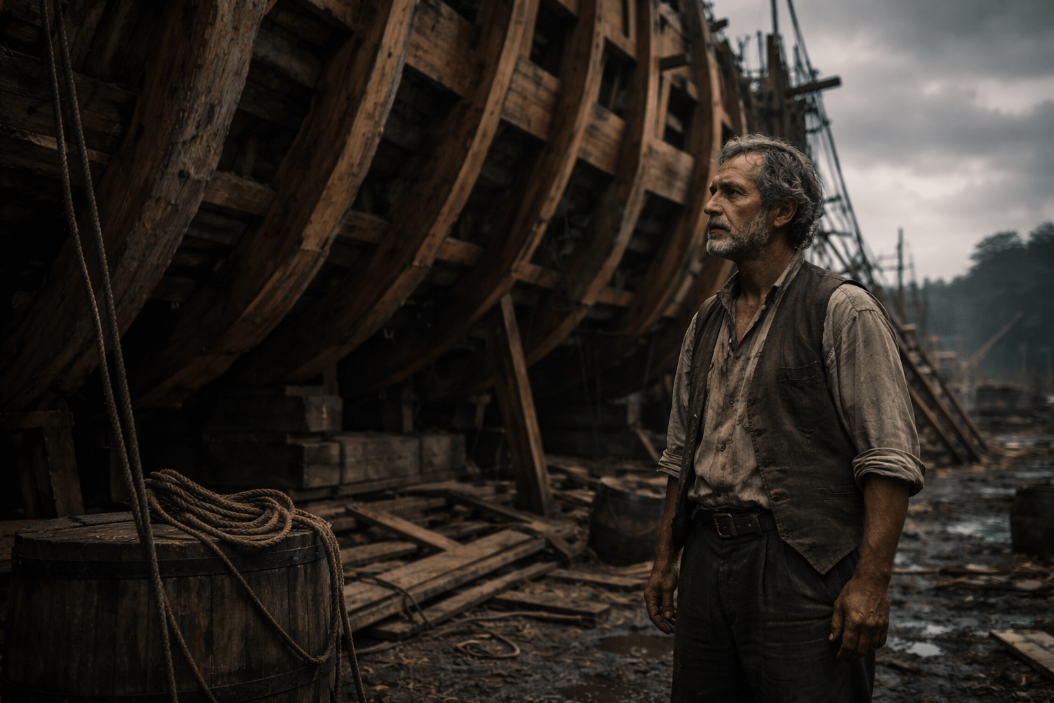 мужчина средних лет в простой одежде стоит у большого деревянного каркаса строящегося судна, пасмурное небо, ощущение срочности