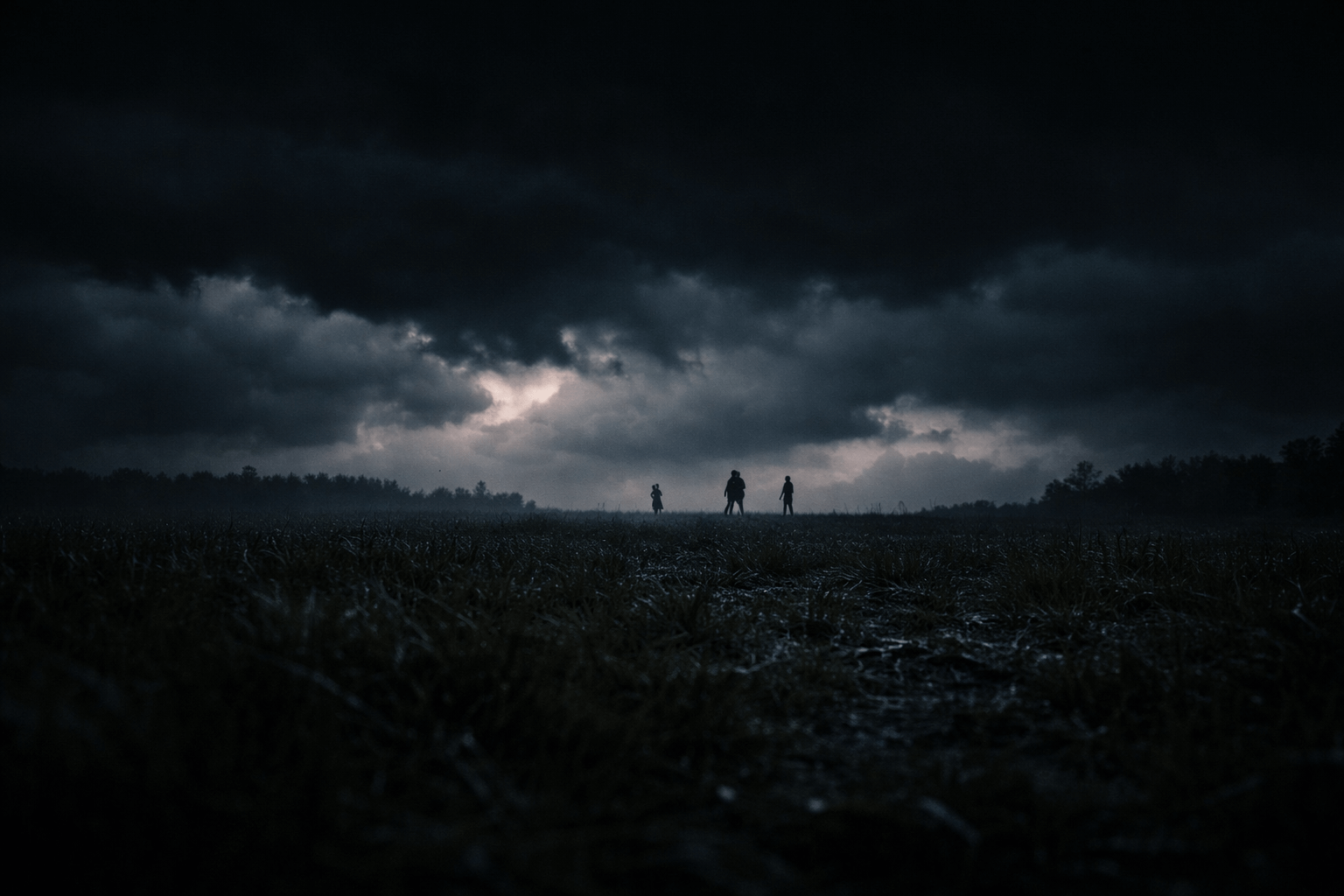 Ночная кинематографичная сцена: тёмное поле и силуэты людей на горизонте, тяжёлые облака, ощущение надвигающейся катастрофы