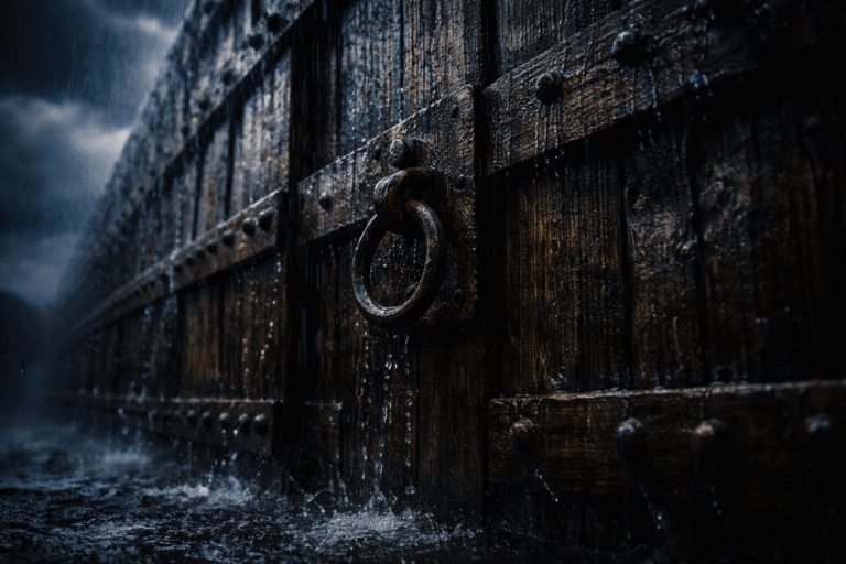 огромная деревянная дверь ковчега крупным планом под проливным дождём, струи воды, тёмное небо