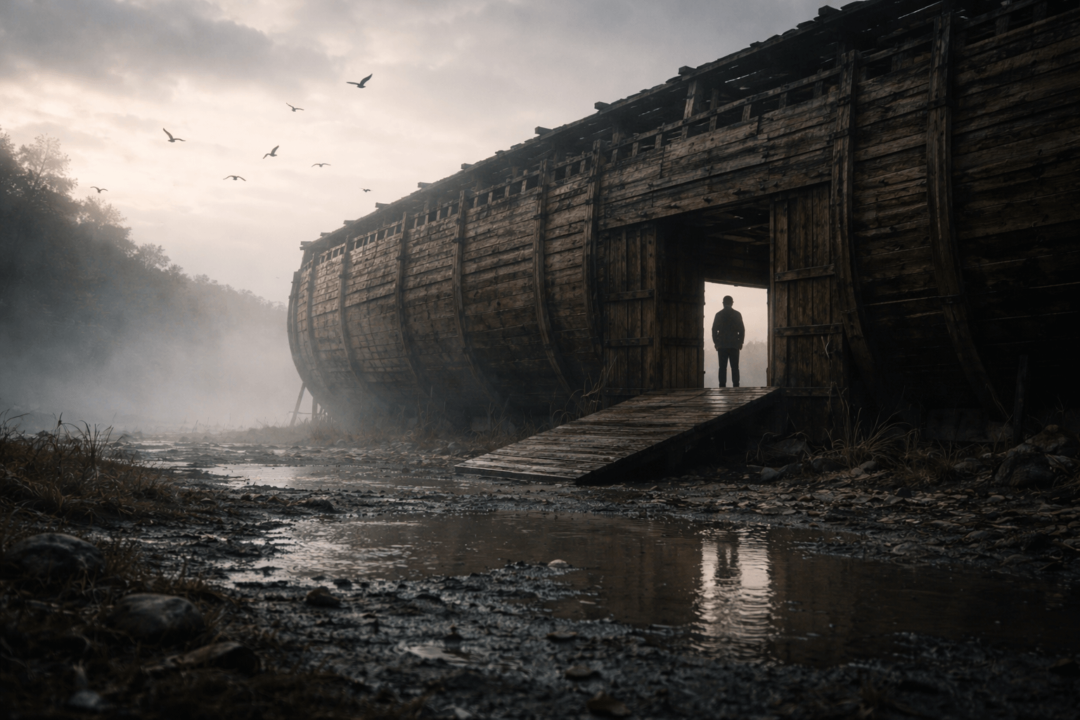 Утро после шторма: деревянный ковчег на влажной земле, вокруг туман и лужи, на переднем плане мужчина у выхода, первые птицы в небе, спокойная но тяжёлая атмосфера.