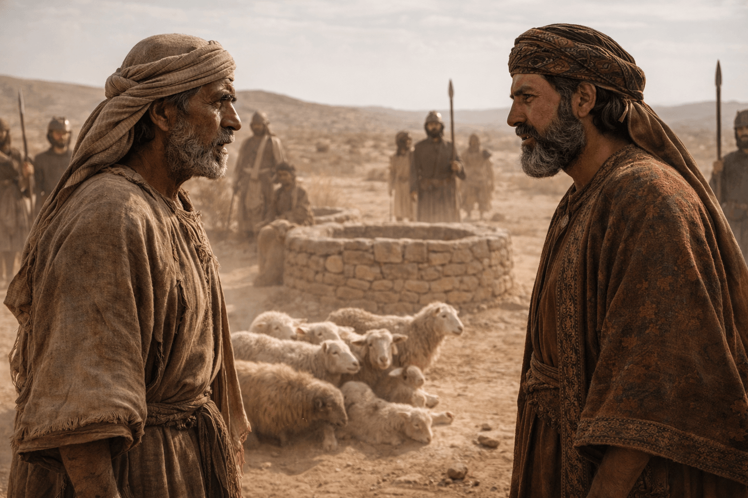 Два вождя стоят у каменного колодца в сухой степи рядом лежат овцы и бурдюки вокруг напряжённо наблюдают вооружённые спутники