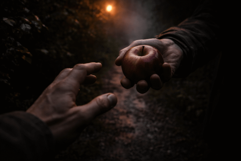 В сумеречном саду одна рука из тени предлагает плод, другая рука нерешительно тянется, напряжённая атмосфера выбора