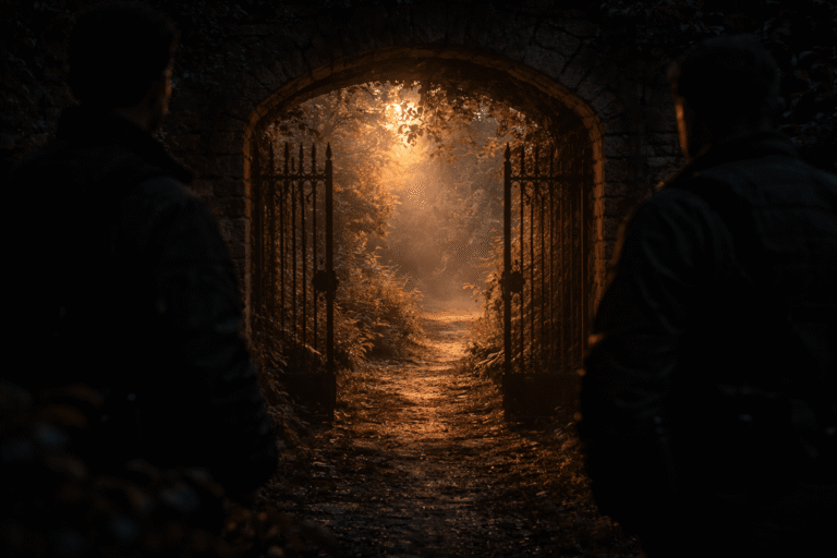 кадр тёмного прохода в сад с ярким светом за воротами и силуэтами охраны на входе, атмосфера блокировки доступа