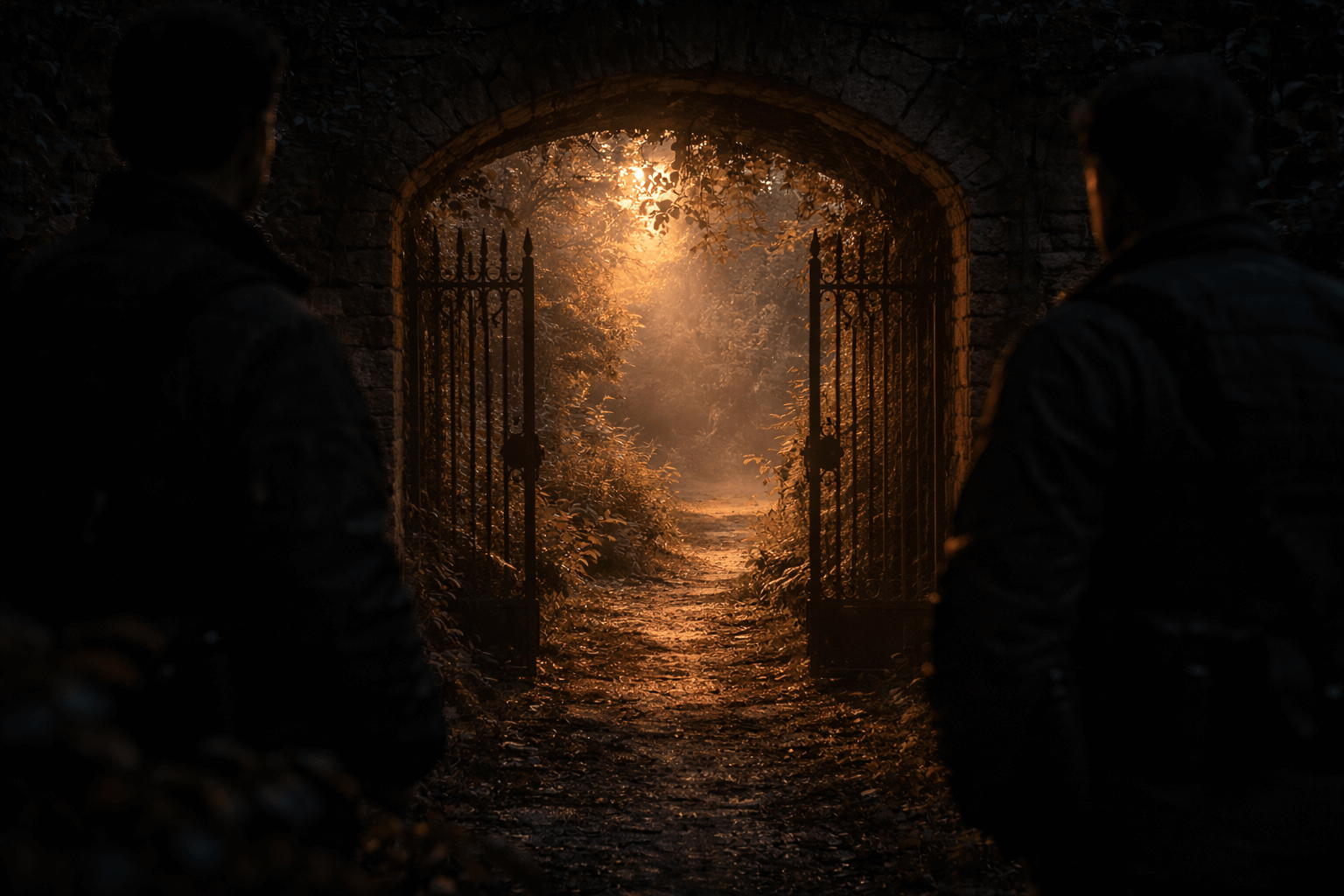 кадр тёмного прохода в сад с ярким светом за воротами и силуэтами охраны на входе, атмосфера блокировки доступа