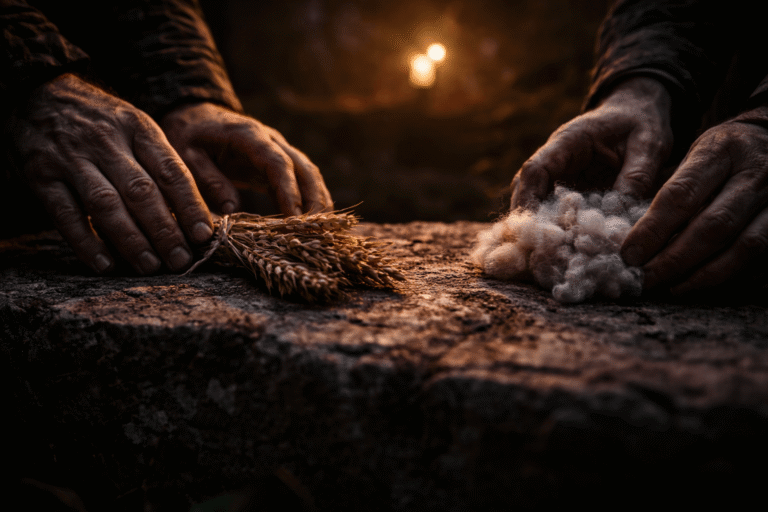 Две пары рук над грубым камнем: одна кладёт сноп зёрен, другая — кусок шерсти, напряжённый свет и тень