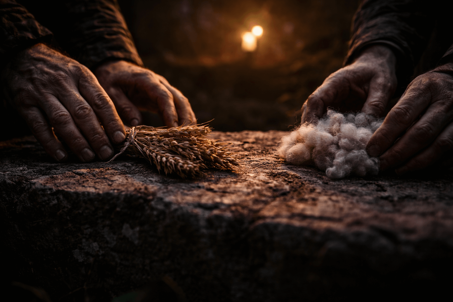 Две пары рук над грубым камнем: одна кладёт сноп зёрен, другая — кусок шерсти, напряжённый свет и тень