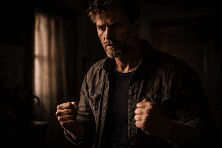 Мужчина с напряжённым выражением лица стоит в полутёмном помещении, сжатые кулаки, жёсткий свет и тени, атмосфера угрозы