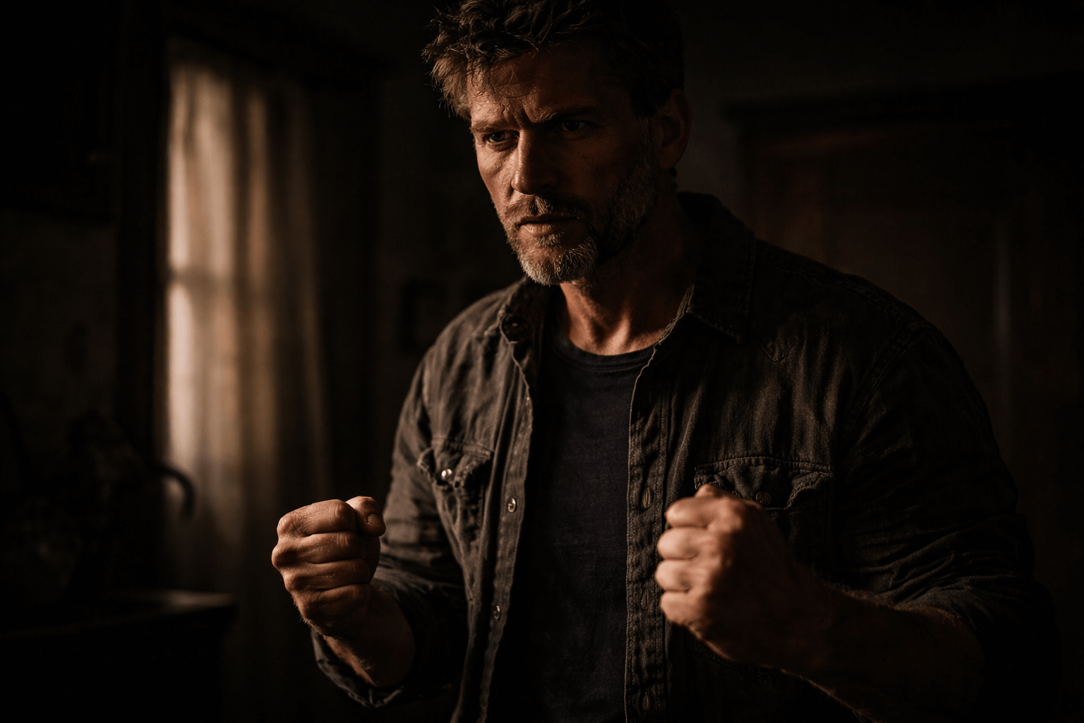 Мужчина с напряжённым выражением лица стоит в полутёмном помещении, сжатые кулаки, жёсткий свет и тени, атмосфера угрозы