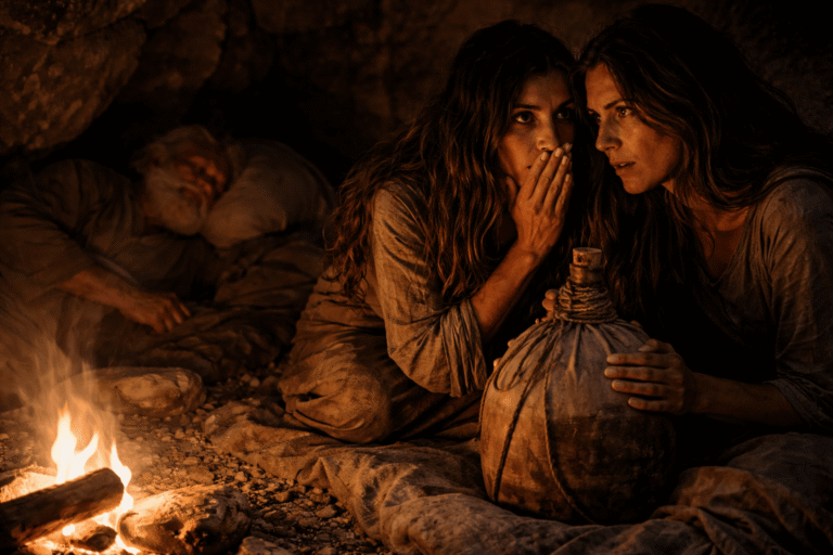 Тесная пещера ночью две молодые женщины шепчутся у бурдюка с вином рядом пожилой мужчина спит на подстилке в тревожном тусклом свете