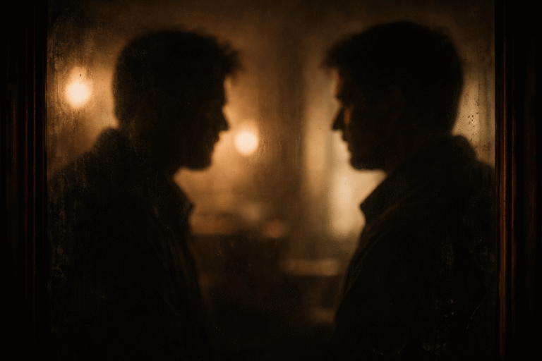 Два размытых силуэта в отражении тёмного стекла с лёгкой асимметрией, тёплый кинематографичный свет, без текста и символов.