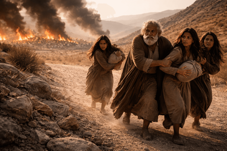 Семья спешит по каменистой дороге прочь от города на рассвете а позади в долине клубится густой дым и вспышки пожара