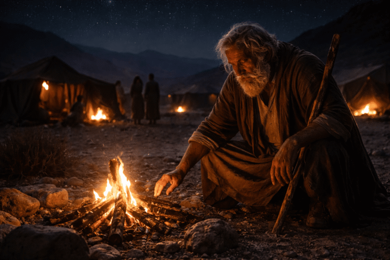 Ночная сцена у кочевого лагеря: пожилой мужчина стоит на коленях перед тёмным небом и звёздами у костра, рядом силуэты шатров и семьи, атмосфера напряжённого решения и давления обещаний.