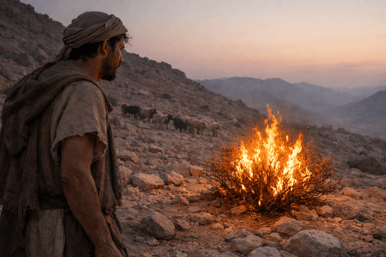 Пастух стоит на каменистом склоне и смотрит на низкий куст который горит ярким огнем но не разгорается вокруг сухая пустыня лицо человека удивленное и настороженное
