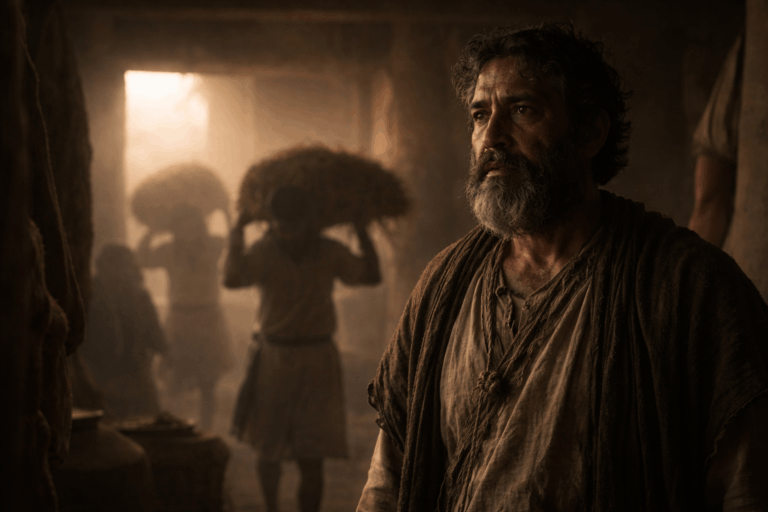 Усталый Моисей в полутёмном помещении на рассвете, напряжённо слушает невидимого собеседника, на фоне видны тени измождённых рабочих