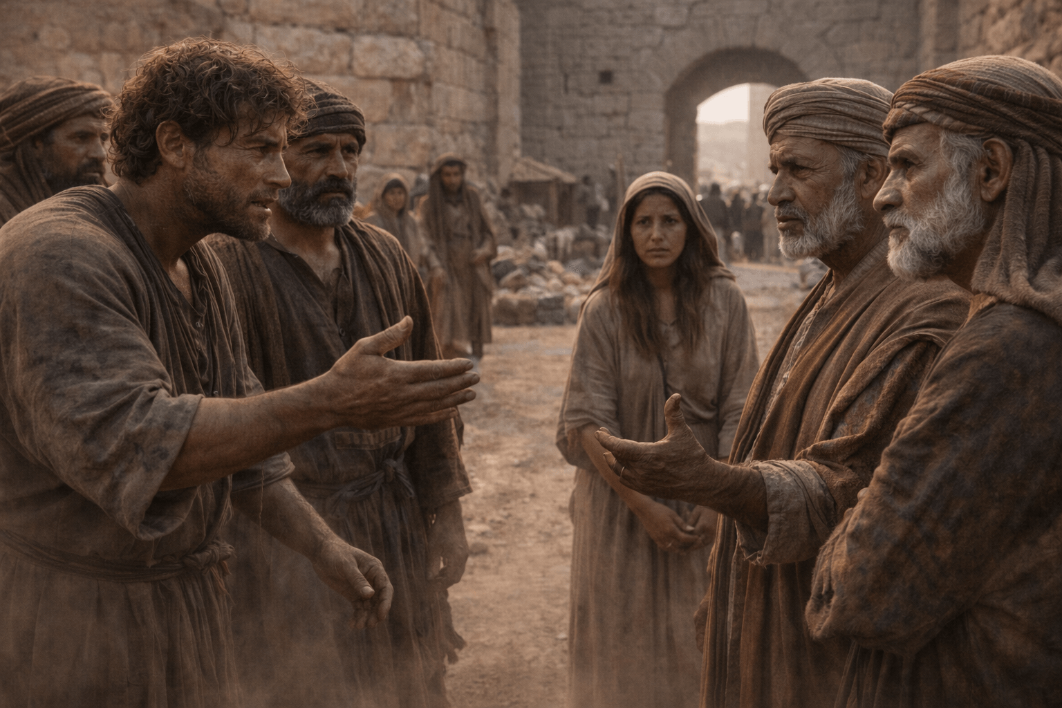 Тревожные переговоры у городских ворот между двумя семьями на фоне древнего города