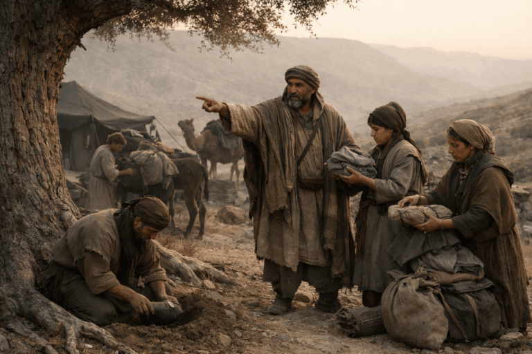 Кочевой лагерь на рассвете где семья собирается в дорогу и прячет небольшие предметы под деревом