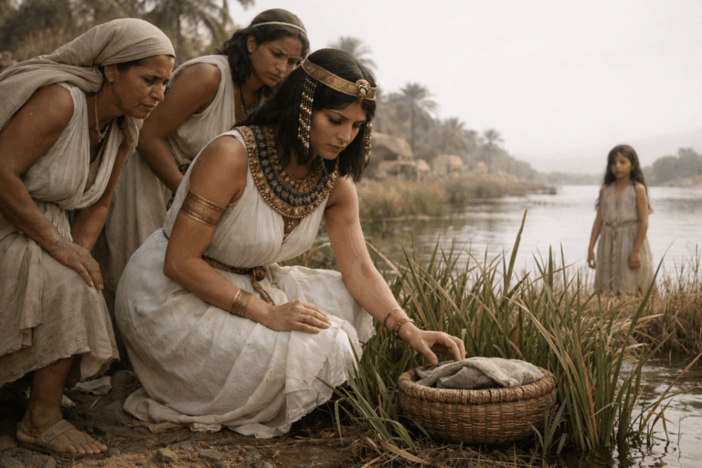 Молодая женщина в богатой египетской одежде стоит у кромки реки и смотрит на маленькую корзину в камышах рядом служанки и девочка наблюдает издалека лица напряженные и осторожные мягкий дневной свет