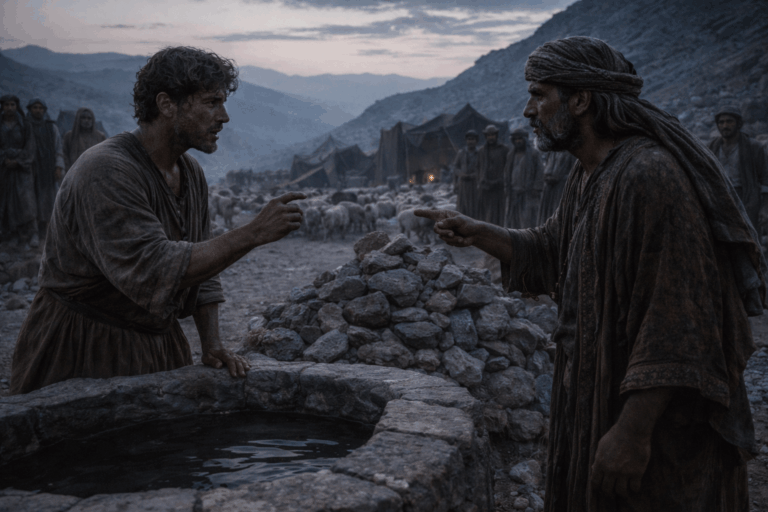 Два родственных клана стоят у каменной кучи на горном перевале впереди два мужчины смотрят друг на друга рядом видны шатры и стада в холодном утреннем свете