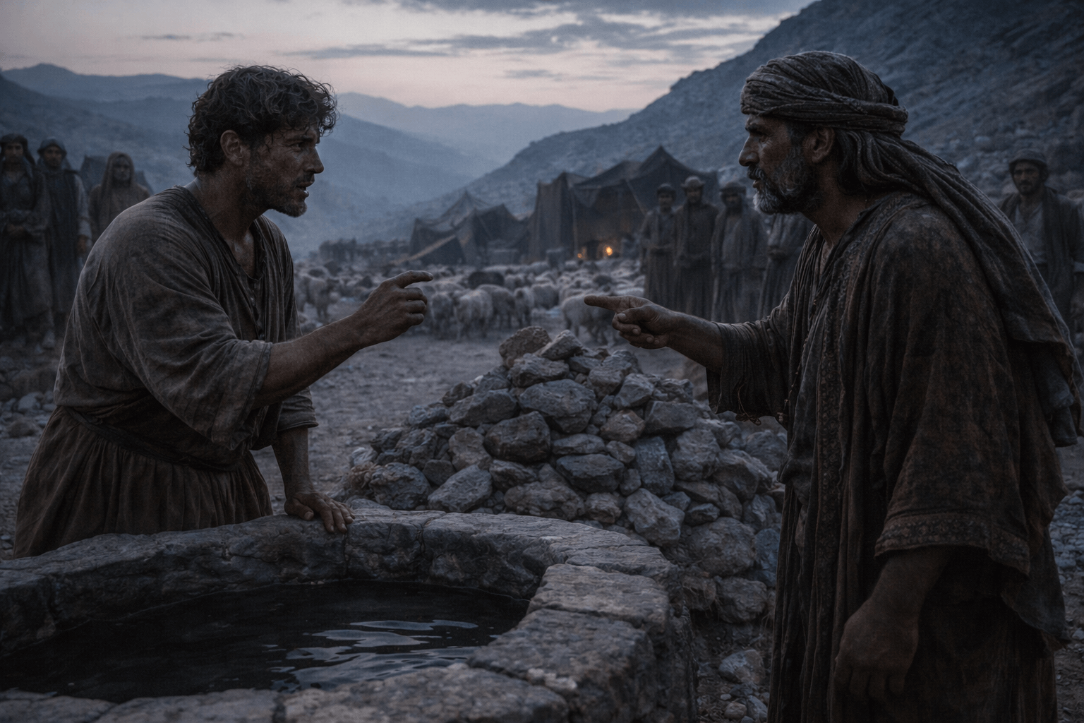 Два родственных клана стоят у каменной кучи на горном перевале впереди два мужчины смотрят друг на друга рядом видны шатры и стада в холодном утреннем свете