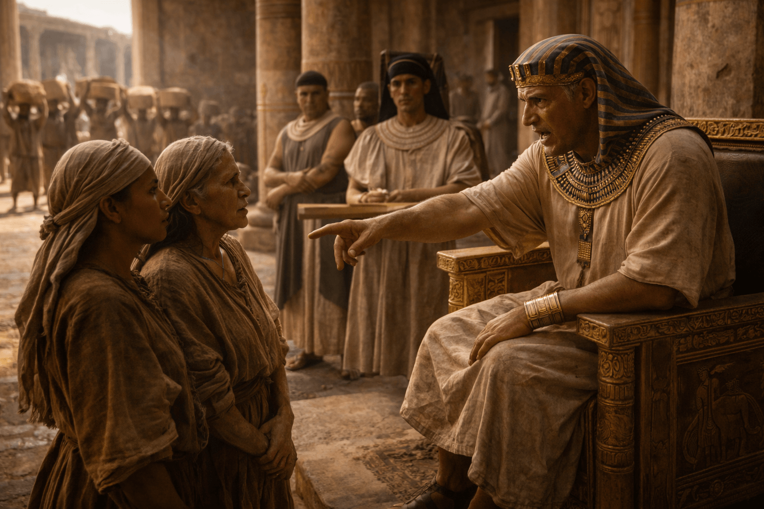 В зале дворца правитель на троне говорит жестко перед ним стоят две женщины повитухи лица напряженные рядом стража и писцы на заднем плане видны рабочие с корзинами под жарким светом