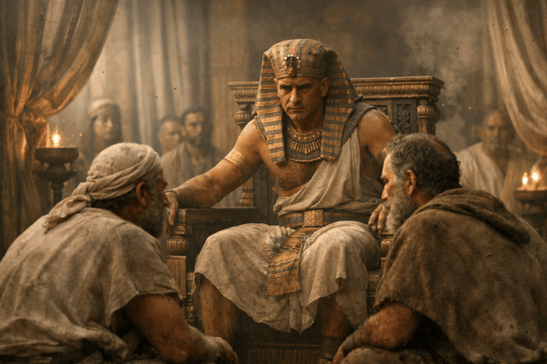 Фараон в зале дворца напряженно разговаривает с Моисеем и Аароном, вокруг встревоженные придворные и заметные рои насекомых в воздухе