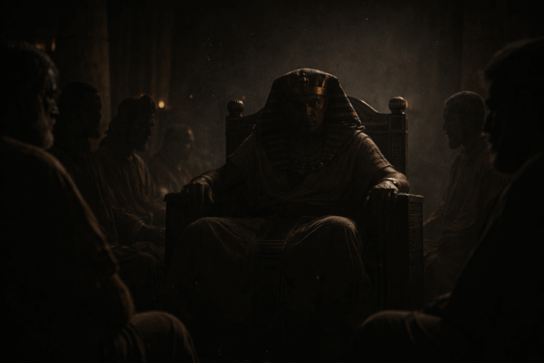 Темный зал дворца в древнем Египте, фараон сидит напряженно, рядом силуэты придворных, в воздухе пыль и ощущение густой тьмы