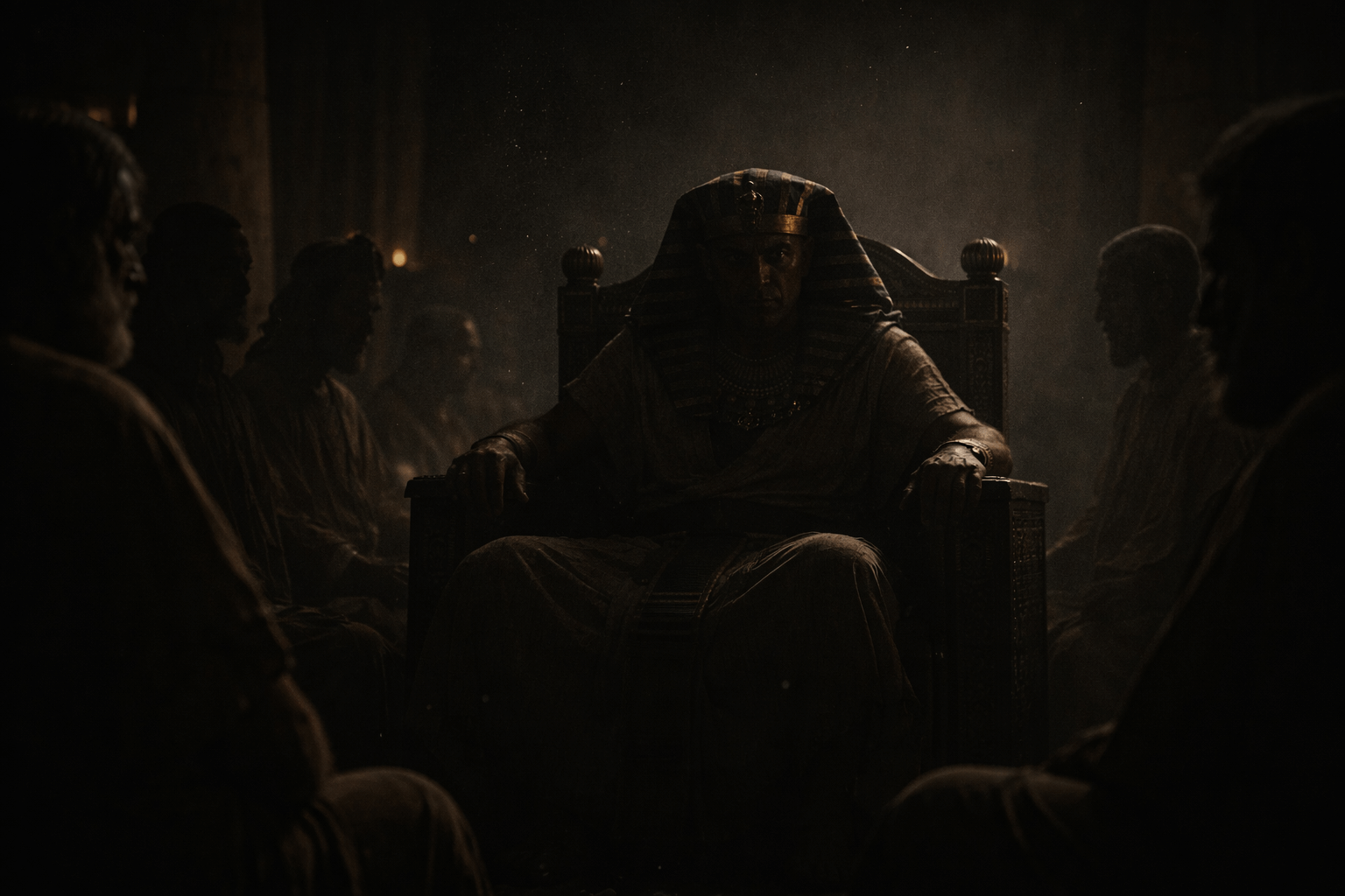 Темный зал дворца в древнем Египте, фараон сидит напряженно, рядом силуэты придворных, в воздухе пыль и ощущение густой тьмы