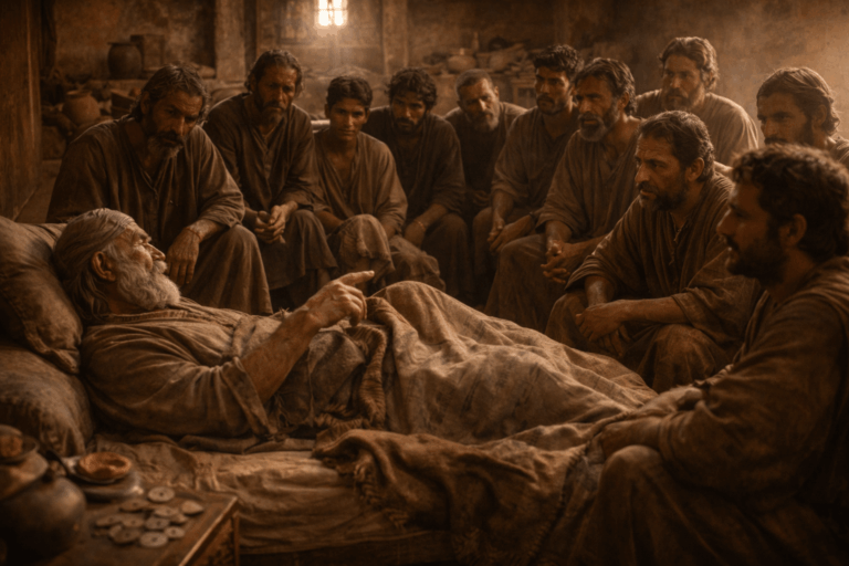 В комнате пожилой мужчина лежит на постели и говорит слабым но твердым голосом вокруг стоят двенадцать взрослых сыновей лица напряженные одни слушают с виной другие с гордостью теплый дневной свет