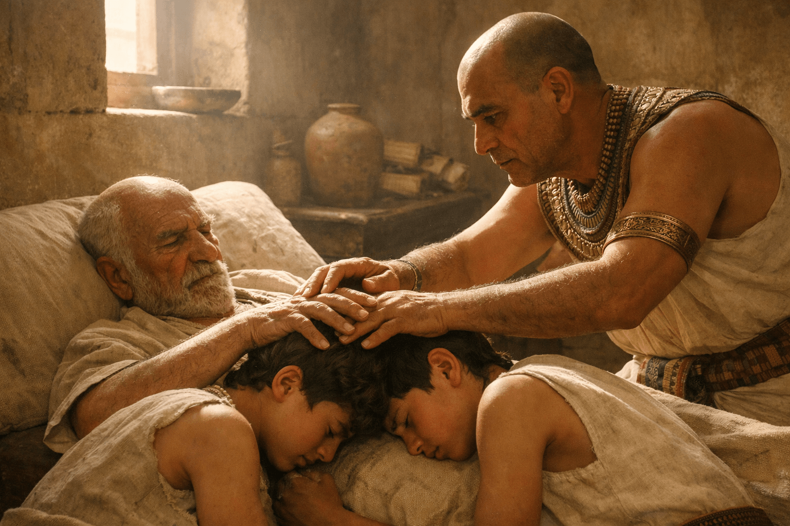 В тихой комнате пожилой мужчина лежит на постели и кладет руки крестом на головы двух мальчиков рядом стоит мужчина в египетской одежде и пытается мягко поправить руки лица напряженные свет дневной