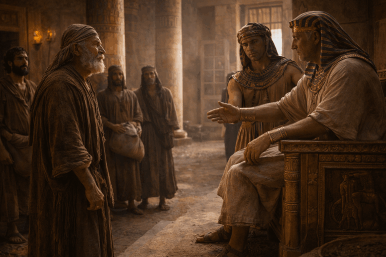 Пожилой мужчина с усталым лицом стоит перед правителем на троне в просторном зале рядом молодой чиновник ведет беседу несколько пастухов стоят в стороне лица напряженные свет дневной