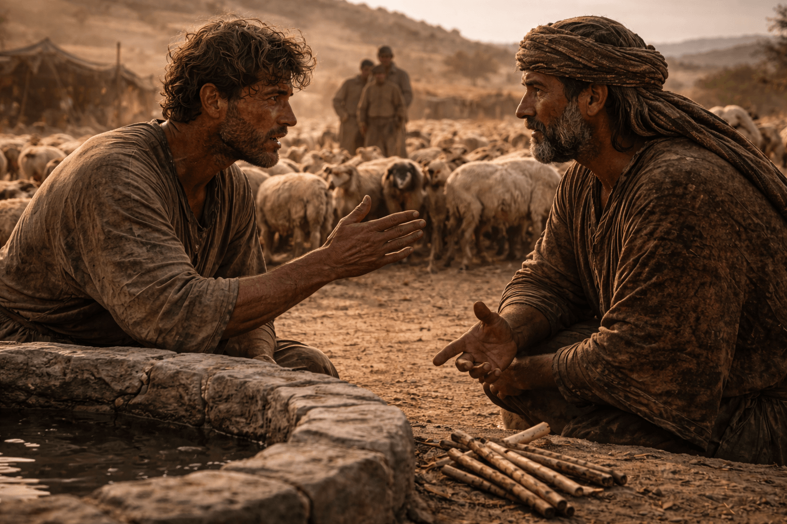 Двое мужчин спорят у загона со стадом овец и коз рядом лежат очищенные полосатые прутья и видны пастухи на фоне сухой равнины