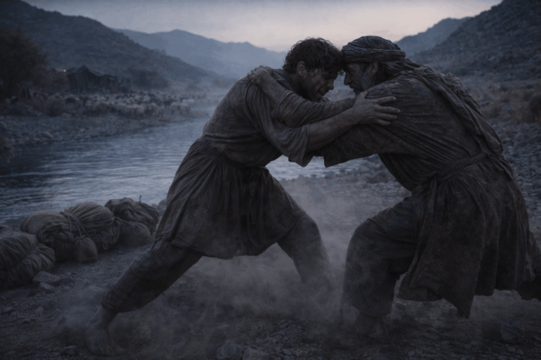 Два мужчины в пыльной одежде сцепились в борьбе у мелкой реки на фоне темного неба и первых лучей рассвета рядом валяются дорожные мешки и видны силуэты стада вдали